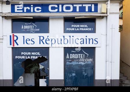 Nice, France. 19th Mar, 2023. Eric Ciotti's permanence office vandalized in Nice, France, on March 19, 2023. The office of LR boss Eric Ciotti, located in the Port district of Nice, was vandalized overnight from Saturday to Sunday. Photo by Shootpix/ABACAPRESS.COM Credit: Abaca Press/Alamy Live News Stock Photo