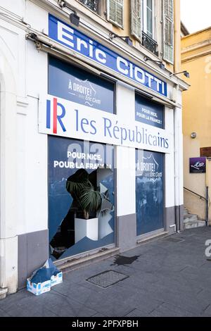 Nice, France. 19th Mar, 2023. Eric Ciotti's permanence office vandalized in Nice, France, on March 19, 2023. The office of LR boss Eric Ciotti, located in the Port district of Nice, was vandalized overnight from Saturday to Sunday. Photo by Shootpix/ABACAPRESS.COM Credit: Abaca Press/Alamy Live News Stock Photo