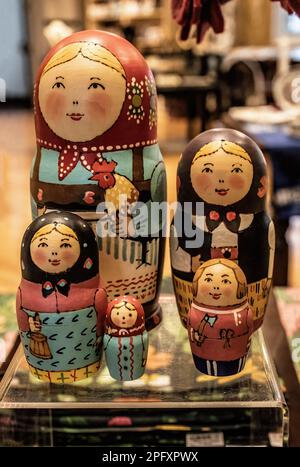 Russian hand-painted wooden Matryoshka or Nesting Dolls at The Museum of Russian Art Gift Shop in Minneapolis, Minnesota USA. Stock Photo