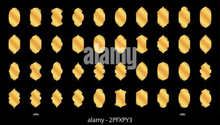 Arabic golden window silhouettes. Ramadan Kareem design element. Mosque gate. Muslim shape arch. Vector illustration isolated on black background Stock Vector