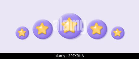 3d golden stars for rating in purple circles. Customer review or feedback from clients concept. Realistic vector illustration for website or mobile Stock Vector