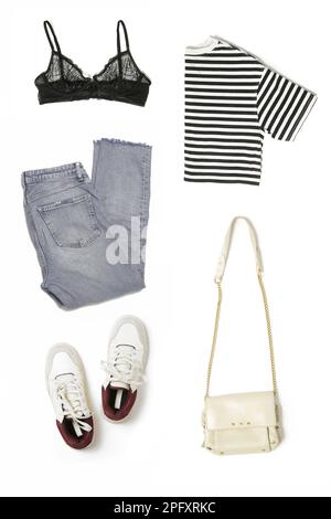 Women's clothes collage isolated on white background. Simple summer outfit. Stock Photo