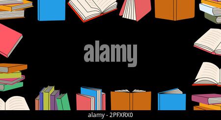 Books horizontal outline banner. Closed and open books line background ...