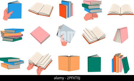 Stacks of books. Pile of textbooks for education. Closed and open books, literature, dictionaries, encyclopedias, planners. Vector illustration Stock Vector