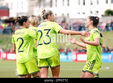 Manchester United's Alessia Russo (centre) celebrates their side's first goal of the game during the Vitality Women's FA Cup quarter final match at The Dripping Pan, Lewes. Picture date: Sunday March 19, 2023. Stock Photo