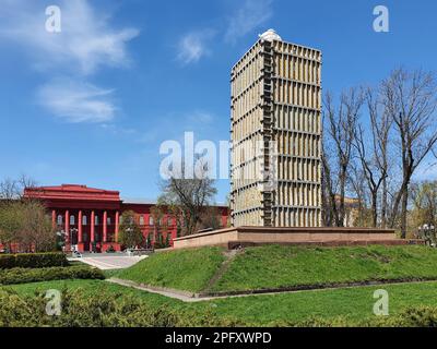 Shevchenko monument in Kyiv's Shevchenko Park, protected by a special structure during wartime. The park is located near Kyiv National University. The Stock Photo