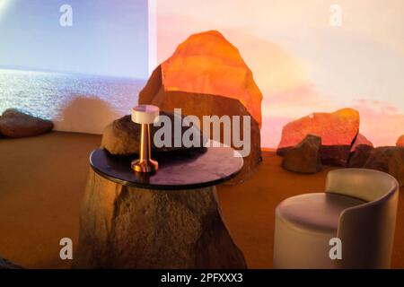 Brown sand-colored stone tiles on the wall, stock photo Stock Photo