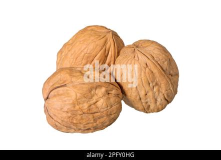 Whole walnuts, isolated on white background. Heap of close-up walnuts. Stock Photo