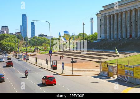 Beautiful Street View of Avenida Figueroa Alcorta with UBA Faculty of Law and the Floralis Generica Steel Flower Sculpture, Buenos Aires, Argentina Stock Photo
