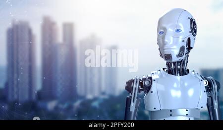 3d rendering of human robot cyborg portraits on blurred capital city buildings background with copy space. Futuristic AI robotic humanoid machine, art Stock Photo