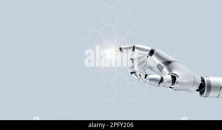 3d rendering humanoid robot's hand touch on digital world, hexagon network, big data background with copy space. Futuristic AI for data service, artif Stock Photo