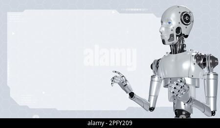 Mock up empty space digital frame background pointing finger by 3d rendering robot for advertising, data learning or marketing information. Ai robotic Stock Photo