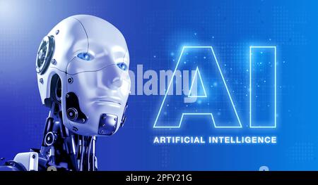 Close-up 3d rendering humanoid robot portraits looking forward, shining hologram text glowing on blue background. Futuristic AI robotic cyborg, artifi Stock Photo