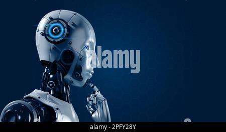 3d rendering of humanoid robot cyborg thinking and compute on blue background with copy space, hand pointing at chin. AI machine deep learning, artifi Stock Photo