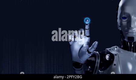 3d rendering smart robot touching finger with glowing on virtual digital button on empty screen on dark blue background with copy space. Ai deep learn Stock Photo