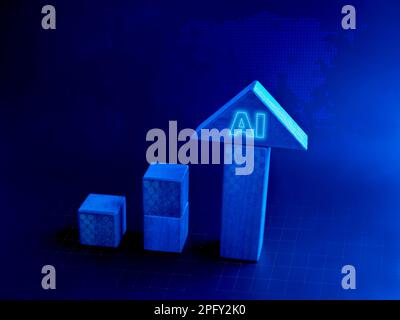 AI information analysis, Artificial intelligence growth business technology with big arrowhead on cube blocks graph step increase on digital world map Stock Photo