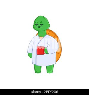 Funny turtle cartoon character holding coffee mug sticker Stock Vector
