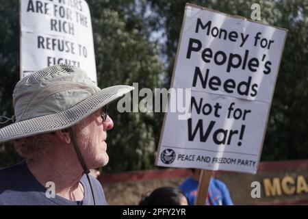 San Diego, Anti-war organizations held rallies in Los Angeles and San Diego on Saturday in the run-up to the 20th anniversary of the U.S. invasion of Iraq. 20th Mar, 2003. A protester is seen in front of Marine Corps Air Station Miramar, 25 kilometers north of downtown San Diego, California, the United States, March 18, 2023. Anti-war organizations held rallies in Los Angeles and San Diego on Saturday in the run-up to the 20th anniversary of the U.S. invasion of Iraq, which started on March 20, 2003. Credit: Zeng Hui/Xinhua/Alamy Live News Stock Photo