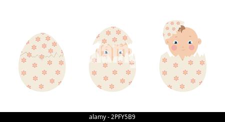 Human baby hatching from egg, embryo development evolution, vector illustration Stock Vector