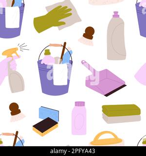 Cleaning housework elements seamless pattern. Bucket, clothes pile and sponges. Hands hold spray and cloth. Laundry or household racy vector print Stock Vector