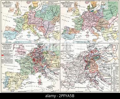 Maps of Europe during the Hohenstaufen dynasty, Carolingian dynasty, Age of Enlightenment and Napoleonic Wars. Publication of the book 'Meyers Konvers Stock Photo