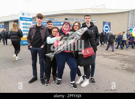 Brighton and Hove, UK. 19th Mar, 2023. Grimsby Town fans outside the ground before the The FA Cup match at the AMEX Stadium, Brighton and Hove. Picture credit should read: Kieran Cleeves/Sportimage Credit: Sportimage/Alamy Live News Stock Photo