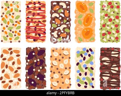 Healthy granola bars, nuts seeds and dried fruits carbohydrates bar. Energy natural healthy dessert, granola nut athletic food, racy vector collection Stock Vector