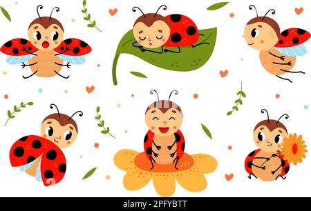 Cartoon funny ladybug. Red black dots beetle with wings. Cute insects characters on flower and leaf, ladybugs flying and sleeping, classy childish Stock Vector