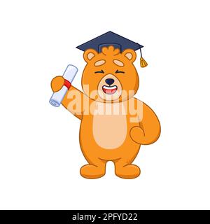 Happy bear cartoon character graduating from university sticker Stock Vector