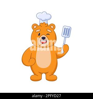 Happy bear cartoon character in chef hat holding spatula sticker Stock Vector