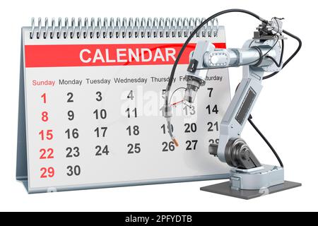 Robotic arm with desk calendar, 3D rendering isolated on white ...