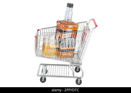 Whiskey bottle and full glass of whiskey inside shopping cart, 3D rendering isolated on white background Stock Photo