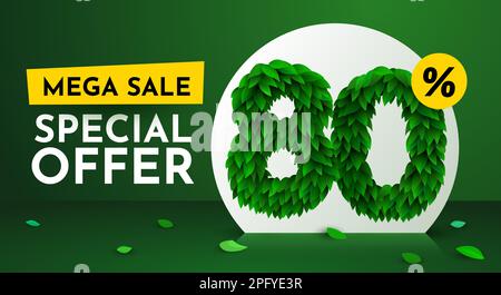 80 percent Off. Discount creative composition. Sale brochure with font made from leaves. Sale banner and poster. Vector illustration. Stock Vector