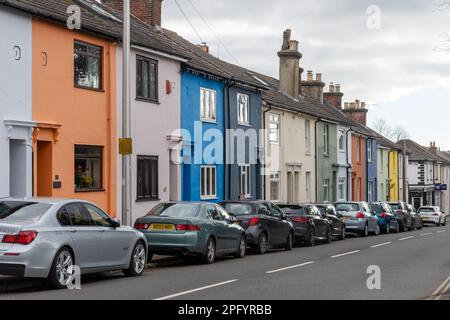 Colourful terraced houses on Victoria Road in Netley, Hampshire, England, UK Stock Photo