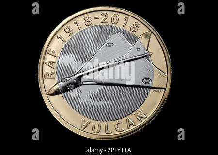 Reverse side of a 2018 £2 coin featuring a Vulcan aircraft. This is part of a set of 5 to commemorate 100 years of the Royal Air Force Stock Photo