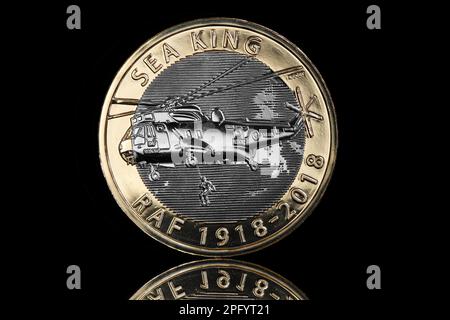 Reverse side of  2018 £2 coin, featuring a Sikorsky Sea King helicopter The coin is part of a set of 5. Stock Photo