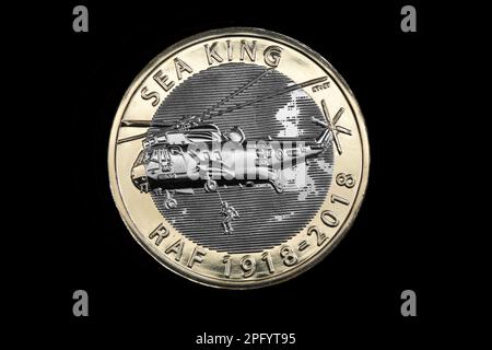 Reverse side of  2018 £2 coin, featuring a Sikorsky Sea King helicopter The coin is part of a set of 5. Stock Photo