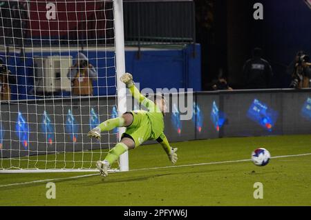 Frisco, United States. 18th Mar, 2023. March 18, 2023, Frisco, United States: FC Dallas goalkeeper Maarten Paes stops a penalty kick during second half action of the MLS game between FC Dallas and Sporting KC at Toyota Stadium on March 18, 2023 in Frisco, Texas. (Photo by Javier Vicencio/ Credit: Eyepix Group/Alamy Live News Stock Photo