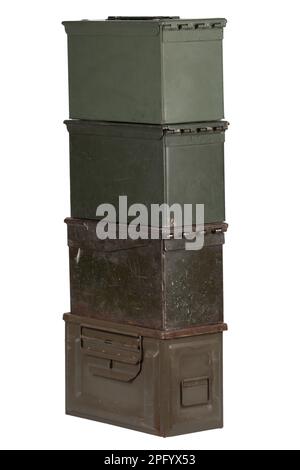 Stack of US army ammo cans isolated on white background Stock Photo