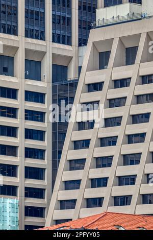 The sloping façade of 55 Water Street’s North Building crosses plane of