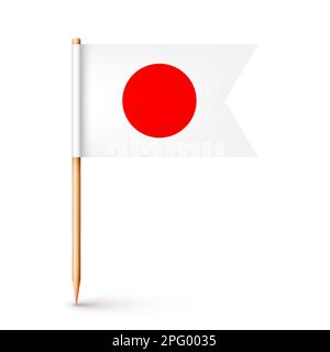 Realistic Japanese toothpick flag. Souvenir from Japan. Wooden toothpick with paper flag. Location mark, map pointer. Blank mockup for advertising and Stock Vector