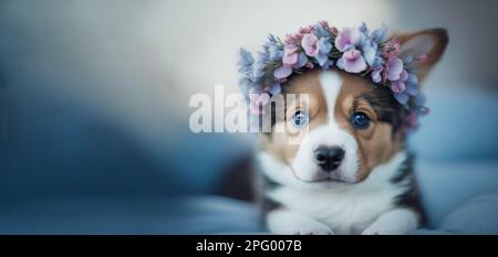 Cute fluffy puppy with a wreath of blue flowers, portrait. Template for postcard, layout with copy space Stock Photo