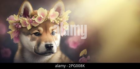 Cute fluffy Shiba Inu puppy with a wreath of flowers, portrait. Template for postcard, layout with copy space, print ready image Stock Photo