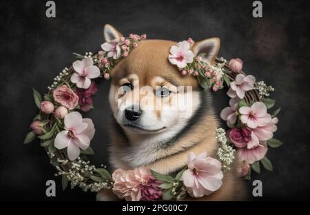 Cute fluffy Shiba Inu puppy with a wreath of flowers, portrait. Template for postcard, layout with copy space, print ready image Stock Photo