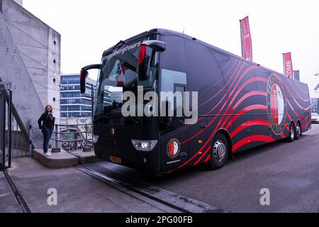 19-03-2023: Sport: Ajax v Feyenoord  AMSTERDAM, NETHERLANDS - MARCH 19: Bus of Feyenoord arrives at the Amsterdam Arena during the match Eredivisie AF Stock Photo