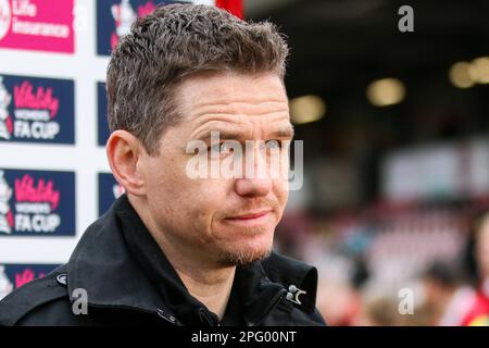 Lewes, UK. 19th Mar, 2023. Manchester United Manager Marc Skinner during the Lewes FC Women v Manchester United Women FA Cup Quarter-Final match at the Dripping Pan, Lewes, Sussex, United Kingdom on 19 March 2023 Credit: Every Second Media/Alamy Live News Stock Photo