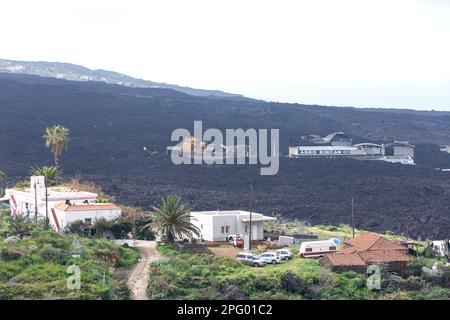 View of lava flow from 2021 vocanic eruption, Mirador de Tajuya, Dos Pinos, La Palma, Canary Islands, Spain Stock Photo