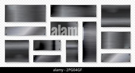 Realistic black metal banners collection. Brushed steel or aluminium plate, panel with screws. Polished metal surface. Old grunge texture with Stock Vector