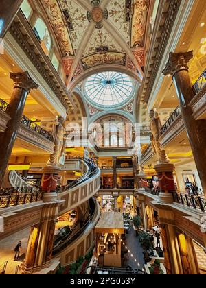 Las Vegas, Nevada - March 13, 2023 - Spiral escalators are only the start at The Forum Luxury Mall inside of Caesar's Palace on the Las Vegas Strip Stock Photo