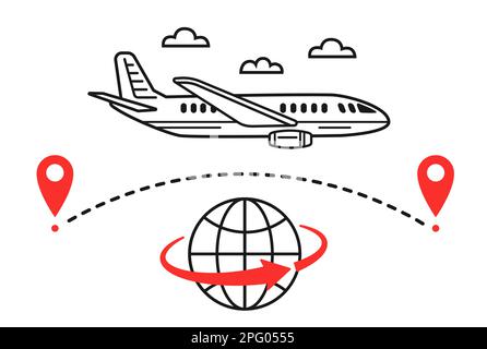 International plane flight travel, airplane fly tourist route around world, aircraft path, earth globe icon. Air transport way. GPS location. Vector Stock Vector